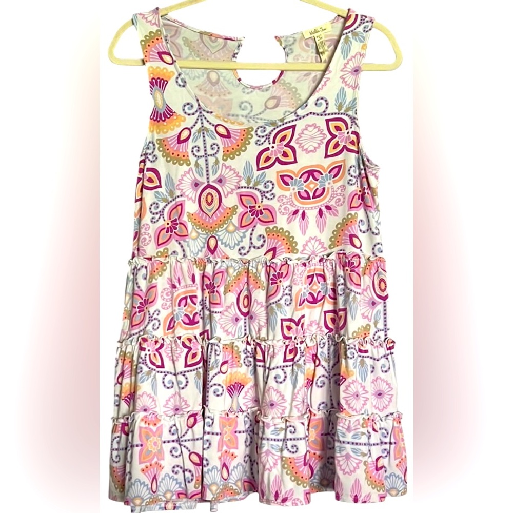 MATILDA JANE Pink/Lilac/White Floral Breathe Deeply Ruffle Top, Sz Small, GUC.